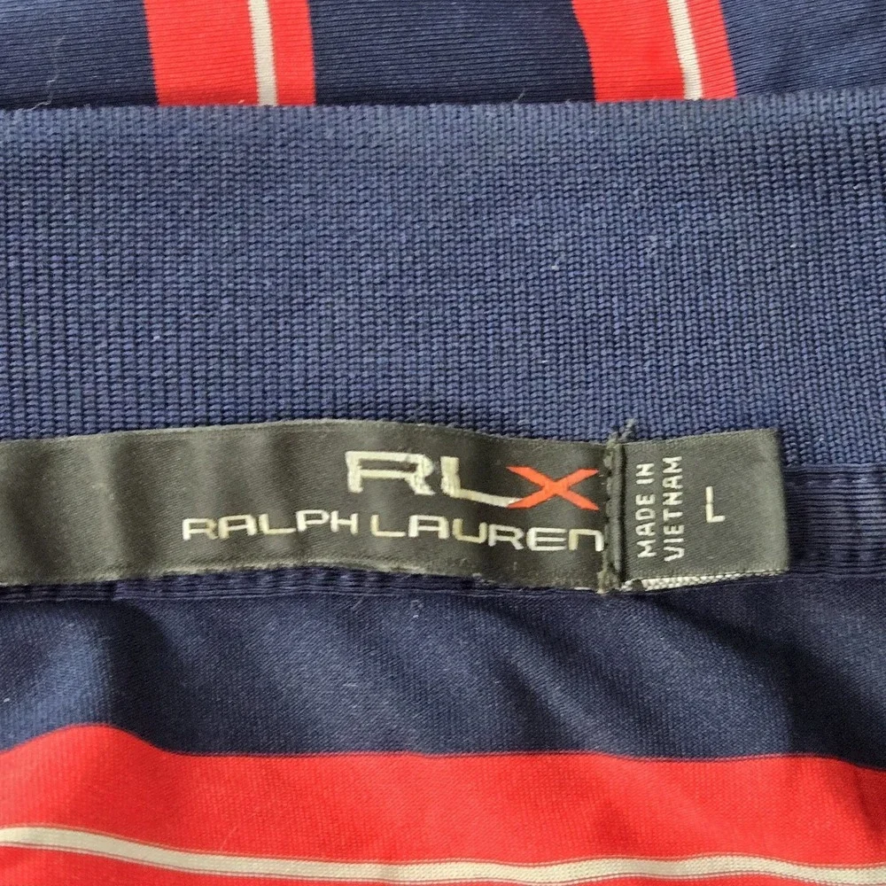 RLX Ralph Lauren Men Polo L Navy Red Striped Golf Short Sleeve Collar Logo